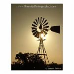 The silhouette of a water-bore windmill at sunset, Western Australia.